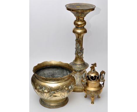 Chinese brass jardiniere on stand, height 77cms; brass censer and cover, seal mark to base, height 25cms. (4)