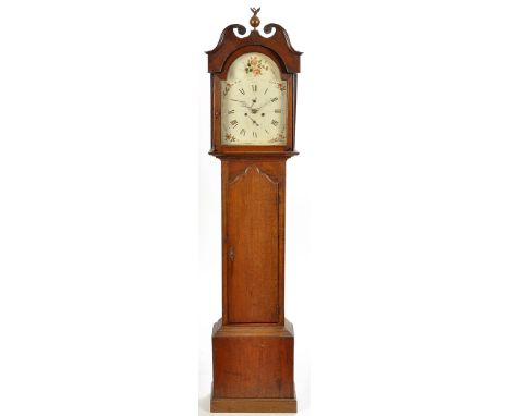 Thomas Stewart, Auchterarder: a Georgian oak longcase clock, the arched painted roman dial decorated with rose designs, subsi