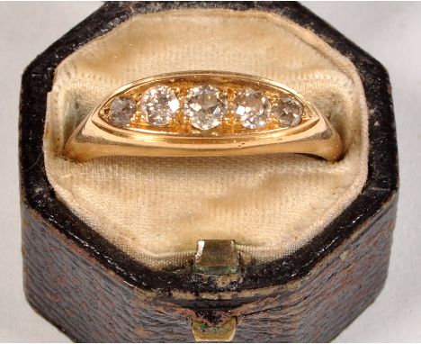 A five stone diamond ring, the graduated old cut diamonds within marquise setting (one diamond chipped), on an 18ct. yellow g