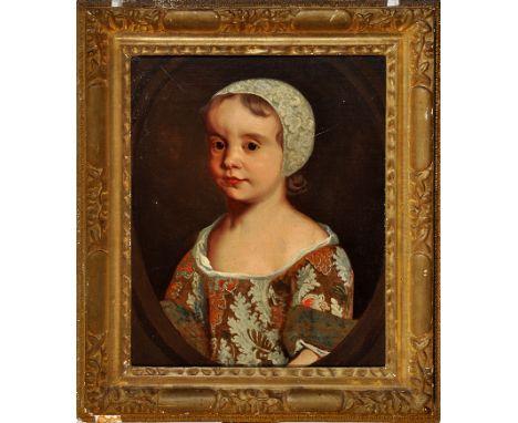 18th Century British School
A PORTRAIT OF JOAN PORTMAN AS A YOUNG GIRL WEARING A WHITE LACE CAP AND AN EMBROIDERED DRESS
oil 