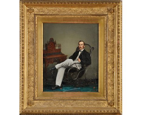 19th Century British School
A PORTRAIT OF A GENTLEMAN RELAXING IN A ROCKING CHAIR
oil on canvas
29.5 x 31.7cms; 15 1/2 x 12 1
