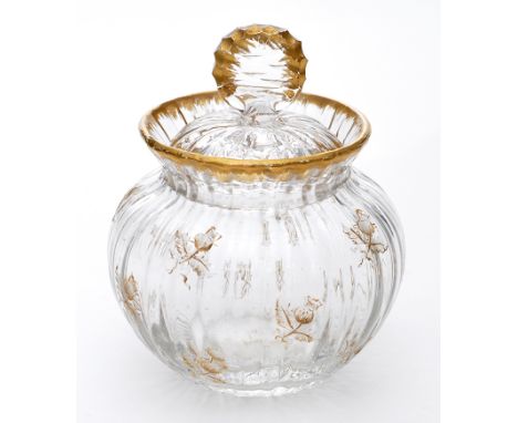 Small French bulbous jar and cover, sides with engraved thistles, gilt edges, late 19th Century, height 8.5cms, inscribed on 
