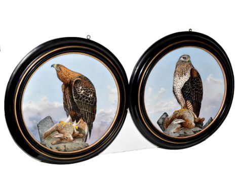 Large pair of enamel painted circular plaques, each with a bird of prey with its quarry, ebonised frames, diameter 52cms.  (2