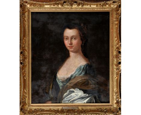 A Follower of Sir Francis Cotes
(1726-1770)
A PORTRAIT OF A LADY WEARING A LOW-CUT BLUE DRESS AND BROWN SHAWL
with inscriptio