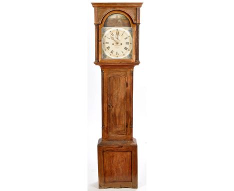 F. Finnemore, Wigton: a Georgian oak longcase clock, with painted roman dial, harvest scene to arch subsidiary dial, two trai