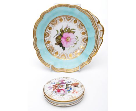 Barr, Flight & Barr serving dish, turquoise ground enclosing reserve panel with pink rose, length 19.5cms, printed and impres