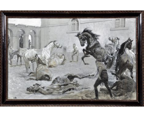 John Charlton, RBA, ROI
(1849-1917)
"HORSES' SAND BATH, EGYPT" - A SCENE IN A BRITISH ARMY CAVALRY BARRACKS
signed with initi