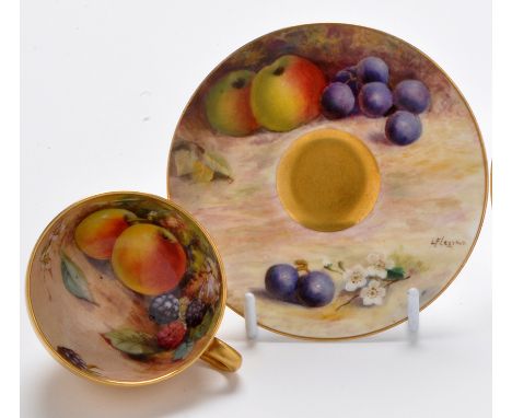 Royal Worcester painted miniature cup and saucer, signed, L. Flexman & W. H. Austin, with fruit and blossom, height 3.8cms, p