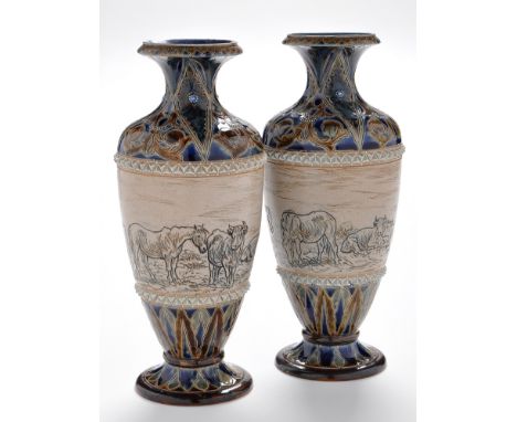 Pair Doulton, Lambeth stoneware vases, incised monogram for Hannah Barlow, bodies with central band incised with horses and c