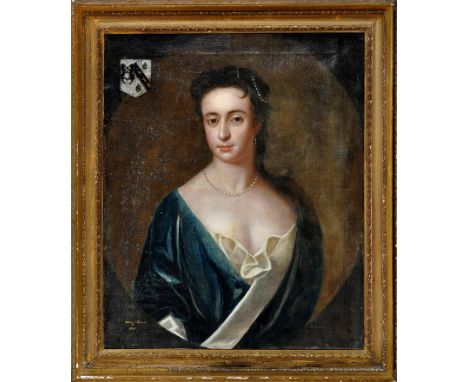 18th Century British School
A PORTRAIT OF A YOUNG NOBLEWOMAN WEARING A BLUE DRESS AND PEARLS IN HER HAIR; WITH FAMILY ARMORIA