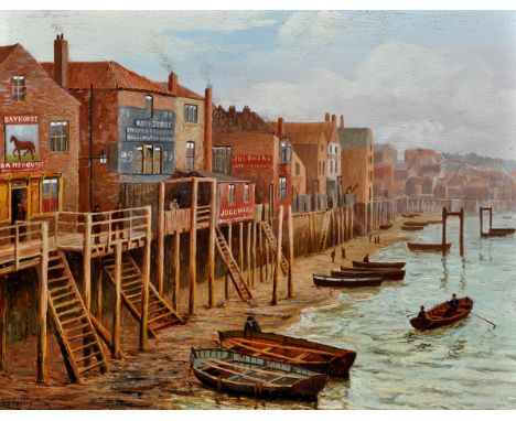 Bernard Benedict Hemy
(1845-1913)
"THE QUAYSIDE, NORTH SHIELDS C.1870-80 WITH R. HOOD HAGGIES ROPE STORE AND THE BAY HORSE PU