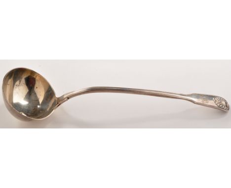 A George IV soup ladle, by Morris & Michael Emanuel, London 1829, fiddle, thread and shell pattern, with engraved initials, 1