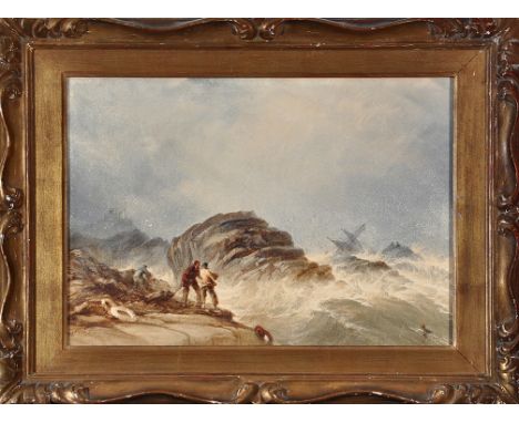 Attributed to Henry Barlow Carter
(1803-1867)
A STORMY SEASCAPE WITH FIGURES ON A ROCKY SHORE ATTEMPTING TO ASSIST STRANDED S