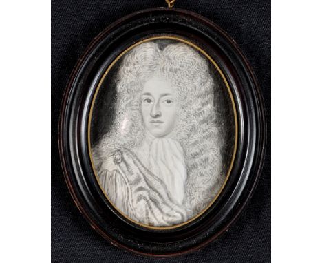 British School
A MINIATURE BUST PORTRAIT OF A 17TH CENTURY GENTLEMAN WEARING A FULL-BOTTOMED WIG
grisaille
8.5 x 6.5cms; 3 1/