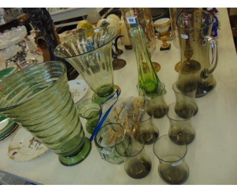 A qty of Green glass; two vases, six place Lemonade set, lamp base and two signed small vases, and plated cutlery