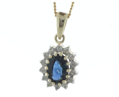 An oval sapphire 7mm x 5mm sits in a halo of round brilliant cut diamonds to make this gorgeous pendant. This 9ct yellow gold