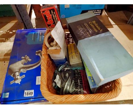 Wicker basket of mixed items and a basin mixer. Not available for in-house P&amp;P 