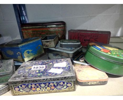 Shelf of mixed vintage tins. Not available for in-house P&amp;P 
