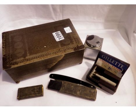 White metal cedarwood box containing cutthroat safety razors and a Ronson table lighter. UK P&amp;P Group 2 (£20+VAT for the 