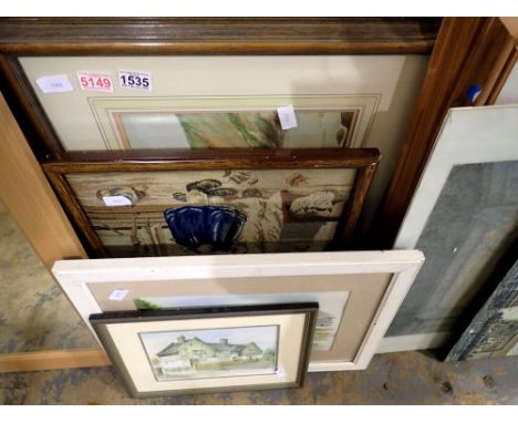Quantity of mixed watercolours, prints and a tapestry. Not available for in-house P&amp;P 