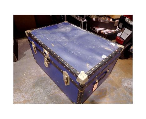 Leather bound blue steamer trunk. Not available for in-house P&amp;P 