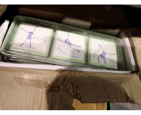 Seven boxes of 4 triple ceramic wall plaques, Three Little Monkeys, new old stock. Not available for in-house P&amp;P 