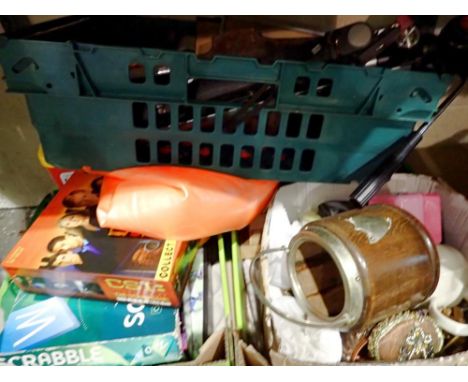 Three trays of assorted wares, including games, a Space Hopper and a camera tripod. Not available for in-house P&amp;P 