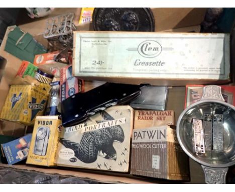 Box of collectables including pocket lamp. Not available for in-house P&amp;P 