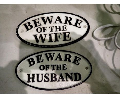 Cast iron Beware of the husband and Beware of the wife signs (2), W: 15 cm. UK P&amp;P Group 1 (£16+VAT for the first lot and