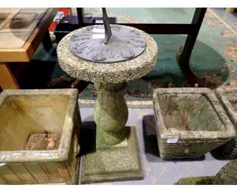 Reconstituted stone/gravel composite and cast iron sundial, H: 64 cm. Not available for in-house P&amp;P 