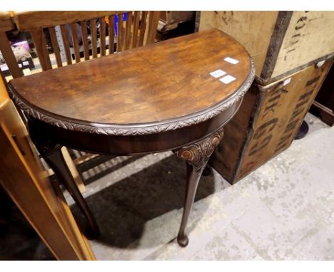 Walnut half moon table on cabriole supports, 74 x 38cm. Not available for in-house P&amp;P 