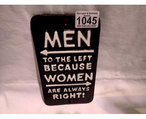 Cast iron Men to the left because Women are always right sign, H: 20 cm. UK P&amp;P Group 1 (£16+VAT for the first lot and £2