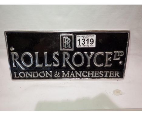 Cast aluminium Rolls Royce dealer plaque, W: 25 cm. UK P&amp;P Group 1 (£16+VAT for the first lot and £2+VAT for subsequent l