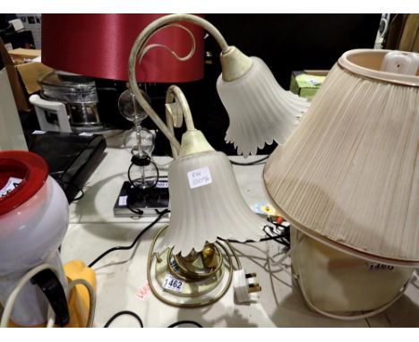 Painted metal table lamp with two milk glass shades, H: 46 cm. All electrical items in this lot have been PAT tested for safe