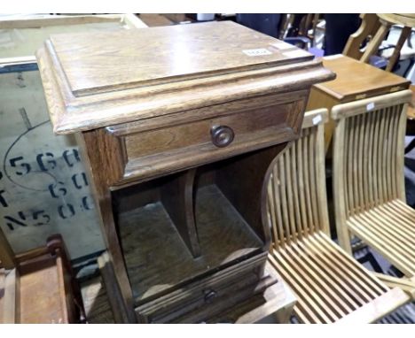 Wooden stained side table, H: 46cm, with two drawers and a divider. Not available for in-house P&amp;P 