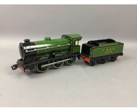 PRE WAR HORNBY MECCANO ELECTRIC MODEL RAILWAY,including LMS Fish wagon, Bananas wagon, LNER 4472 engine and tender, LMS engin