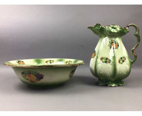 VICTORIAN STYLE STONEWARE EWER AND BASIN,decorated with fruit, the ewer 30cm high