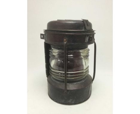 LATE 19TH/EARLY 20TH CENTURY SHIP'S MAST HEAD LANTERN,copper bodied with brass back plate, housing an internal red glass shad