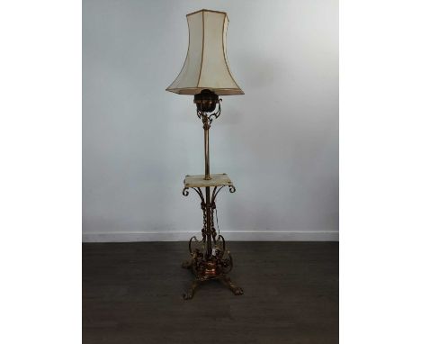LATE VICTORIAN FLOOR STANDING OIL LAMP,converted to electricity, with alabaster square table mid stage over scroll design sup