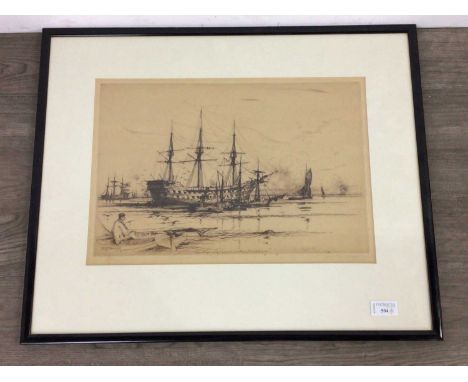 D.Y CAMERON,SHIPS OFFSHORE,etching,28cm x 41cm, framed and under glass, along with three other prints (3)