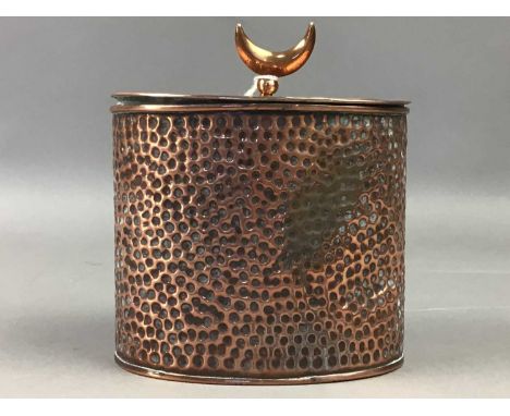 HAMMERED COPPER TEA CADDY,by Picard &amp; Co, Regent St, 14cm high, along with various brass ware, flatware and Murano pheasa