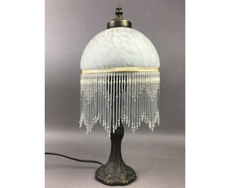 TIFFANY STYLE TABLE LAMP,with fringed shade, 43cm high, along with a brass table lamp (2)