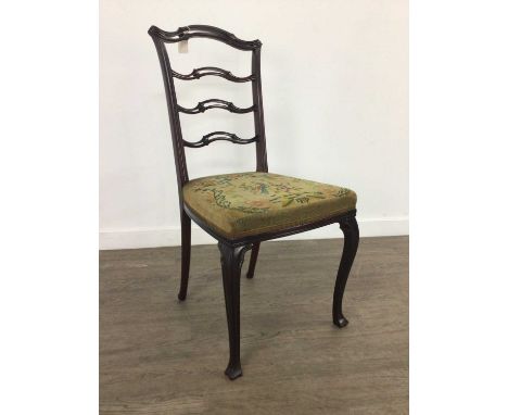 MAHOGANY LADDER BACK CHAIR, with wool work seat, 89cm high, along with two other chairs and an oak occasional table (4)