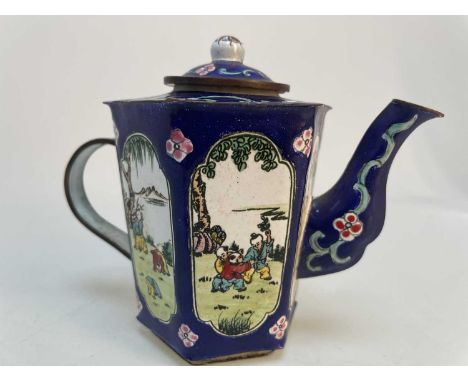 19TH CENTURY CHINESE CANTON ENAMEL ON COPPER TEA POT,decorated with panels of young boys and floral sprays on blue ground, wi