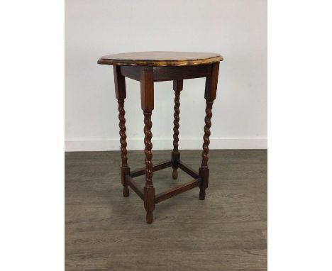 OAK OCCASIONAL TABLE,71cm high, along with a gilt framed oil and two prints (4)Table has a wobble, minor chips and blemishes 