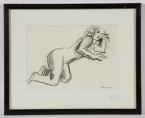 * PETER HOWSON OBE
RECLINING NUDE
conte on paper, signed
27cm x 39cm
Mounted, framed and under glass