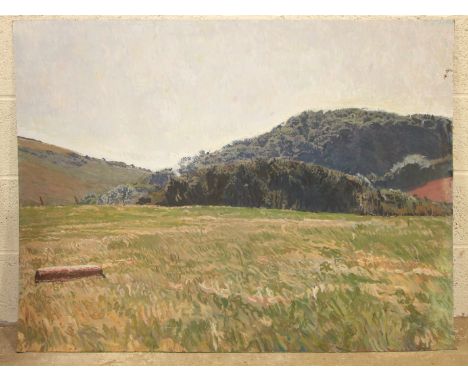A GRANITE ROLLER IN A FIELD WITH WOOD BEHIND Unsigned acrylic on board, 92 x 123cm, another, SMALLS COVE, SALCOMBE, 62 x 92cm