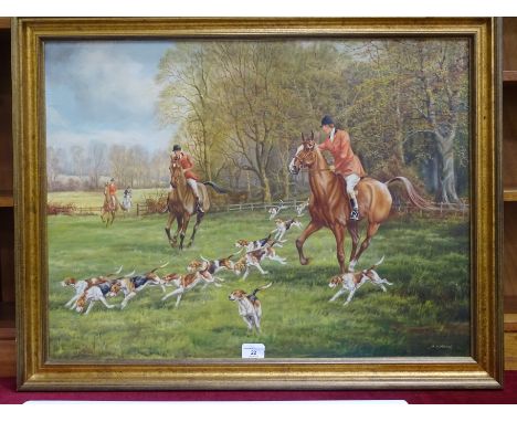 S K Mitchell HUNTING SCENE - HUNTSMEN ON HORSEBACK WITH A PACK OF HOUNFDS GALLOPING ACROSS A FIELD Signed oil on board, 56 x 