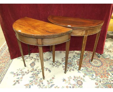 An inlaid mahogany half-round fold-over card table, 90cm wide, a fold-over tea table, both on square tapered legs and four va