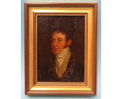19th century English School PORTRAIT OF A YOUNG MAN WEARING A WHITE STOCK Unsigned oil on board, 16 x 11.5cm, (in modern fram